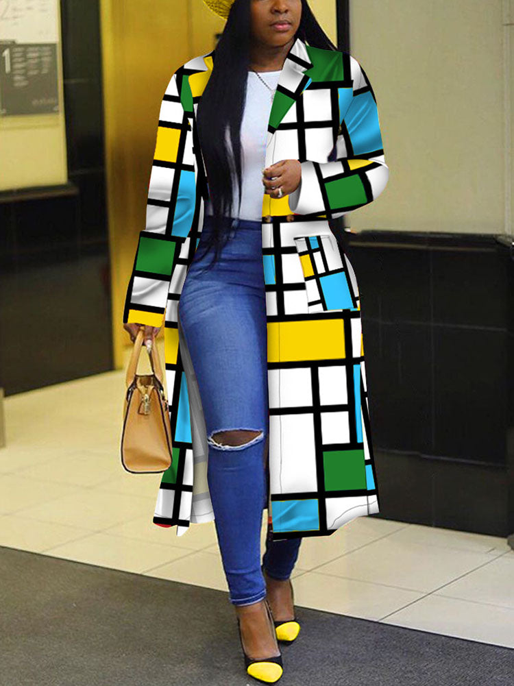 Plus Size Plaid Colorful Print Double-Breasted Lapel Coat
