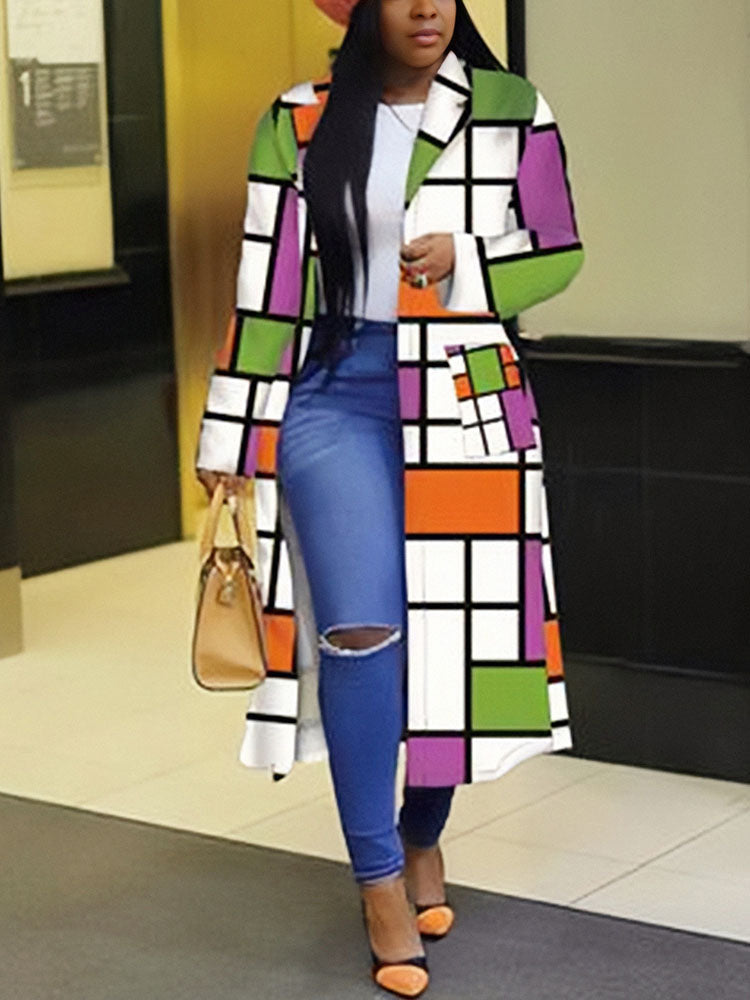 Plus Size Plaid Colorful Print Double-Breasted Lapel Coat