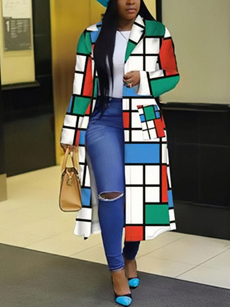 Plus Size Plaid Colorful Print Double-Breasted Lapel Coat