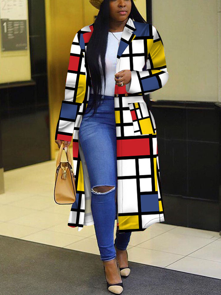 Plus Size Plaid Colorful Print Double-Breasted Lapel Coat