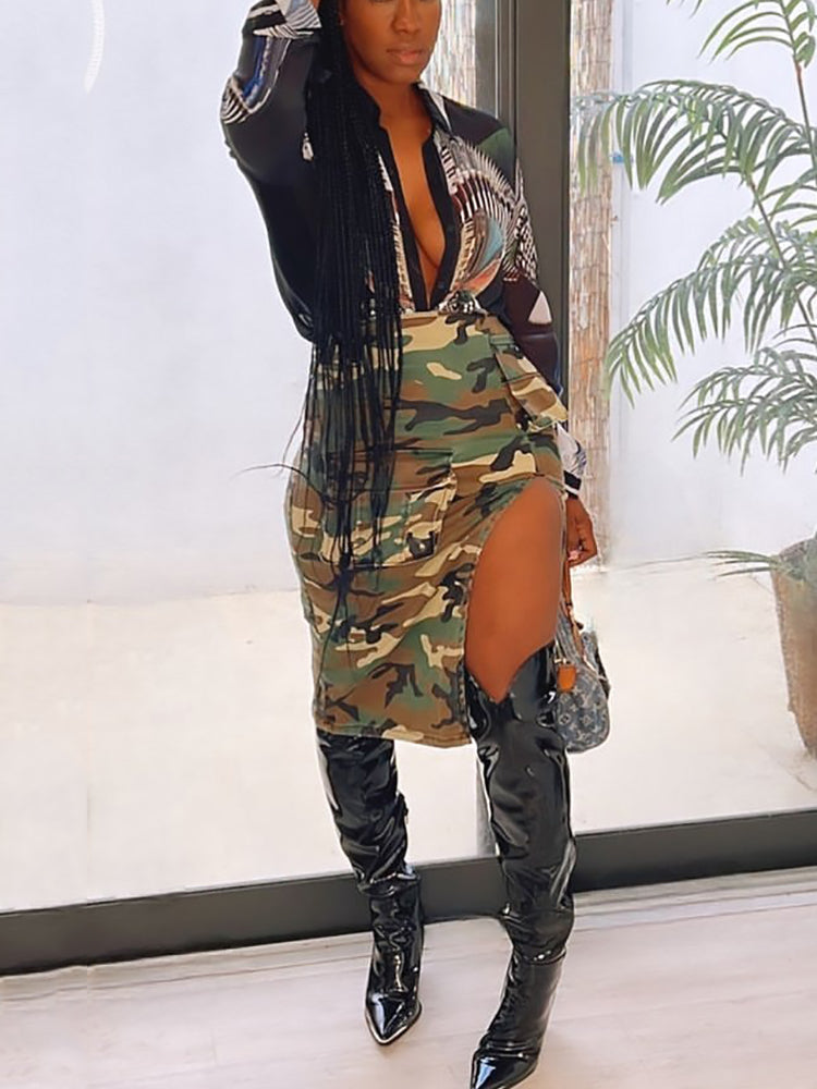 Camouflage Zipper Utility Pockets Split Skirt