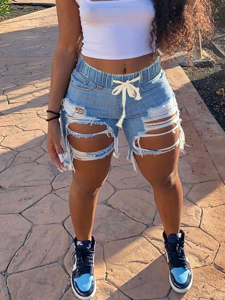 Distressed Drawstring Elastic Waist Denim Shorts