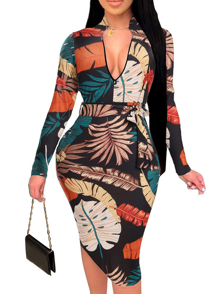 Floral Print Long Sleeve Belted Midi Dress