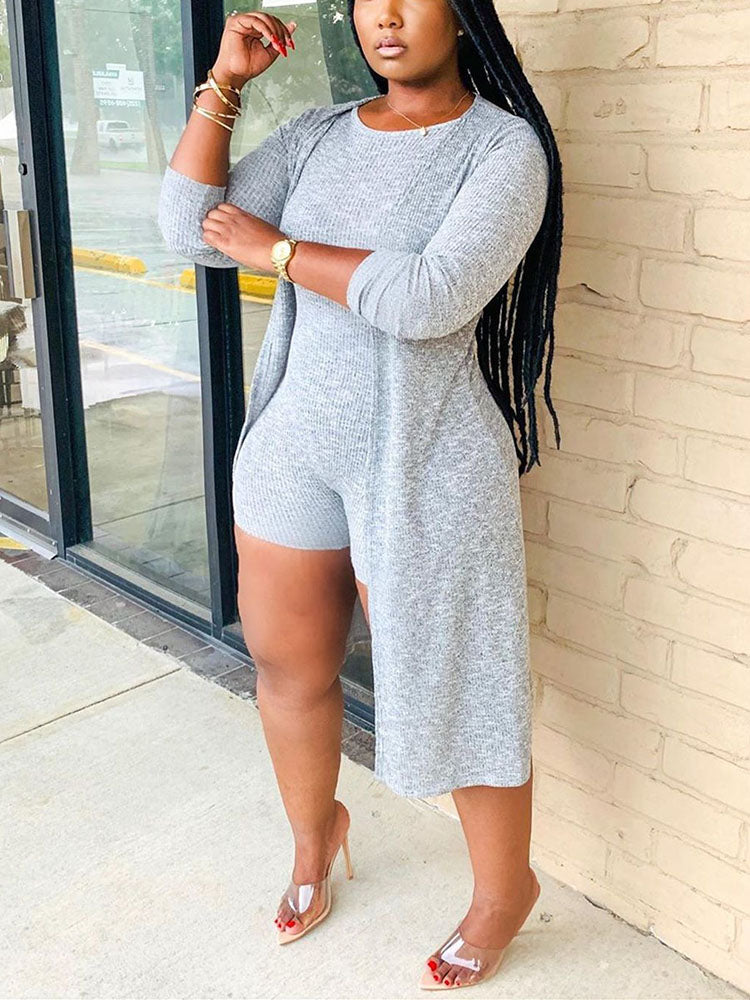 Two Pieces Solid Color Ribbed Romper Cardigan