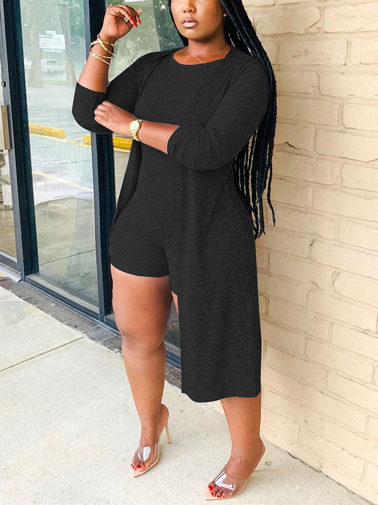 Two Pieces Solid Color Ribbed Romper Cardigan
