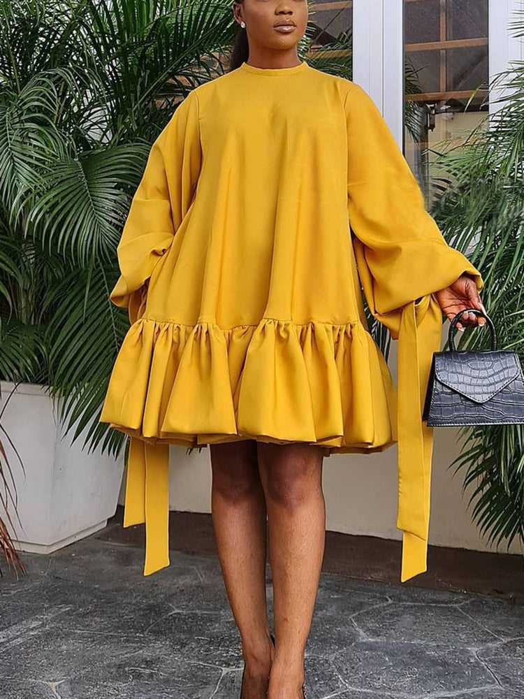 Elegant Bubble Sleeve Solid Color Dress