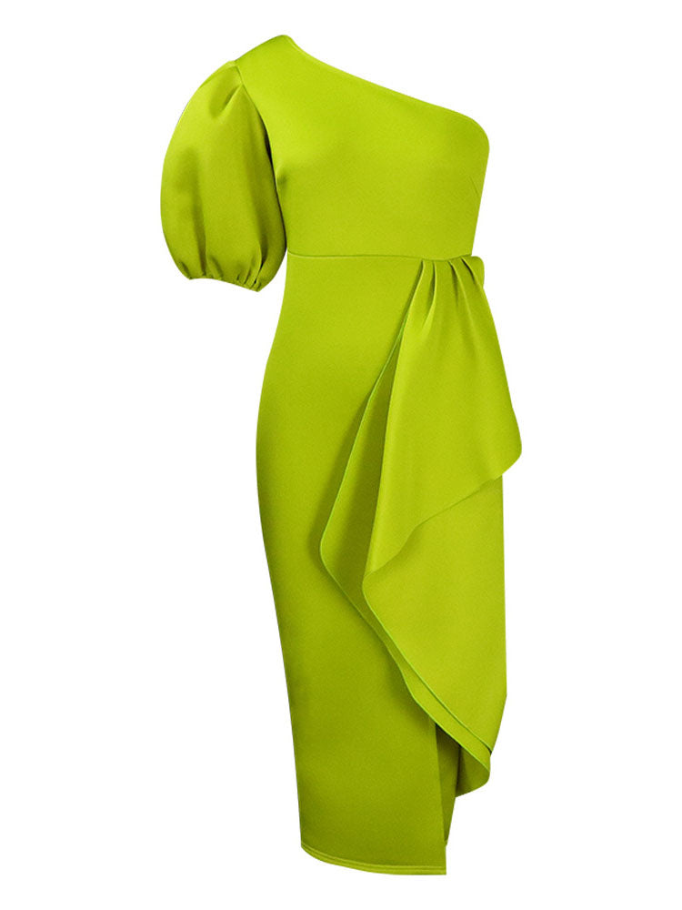 One Shoulder Puff Sleeve Ruffle Slit Dress