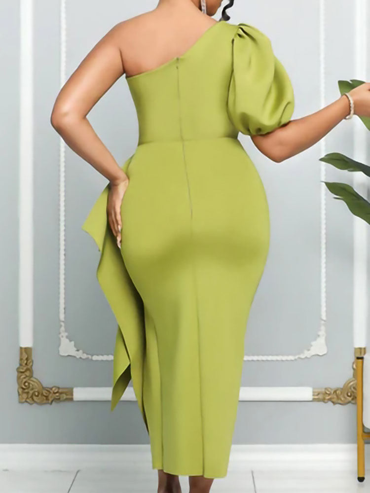 One Shoulder Puff Sleeve Ruffle Slit Dress