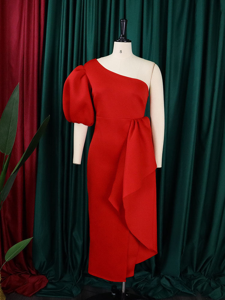 One Shoulder Puff Sleeve Ruffle Slit Dress