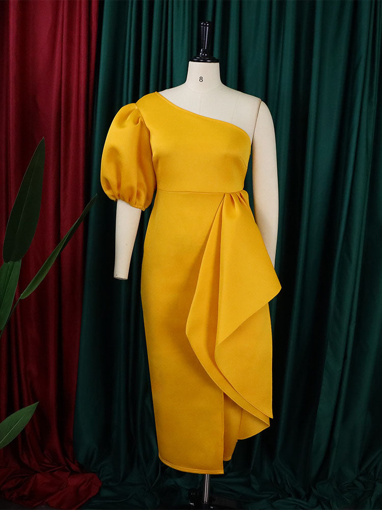 One Shoulder Puff Sleeve Ruffle Slit Dress
