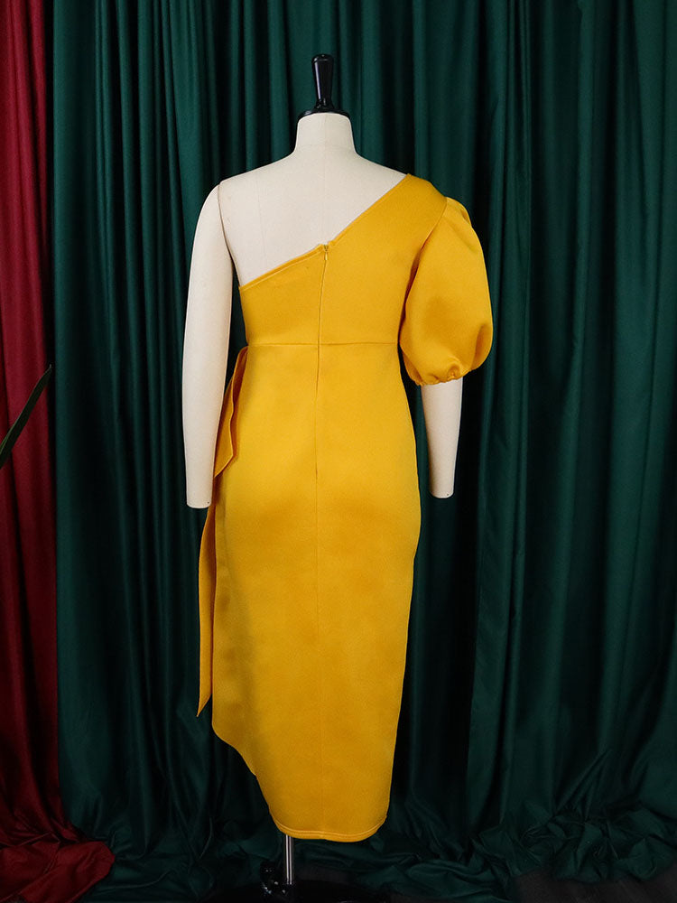 One Shoulder Puff Sleeve Ruffle Slit Dress