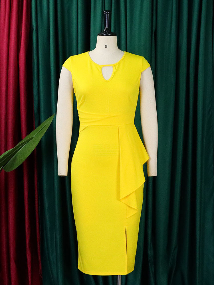 Solid Color Ruffle Hem Ruched Dress