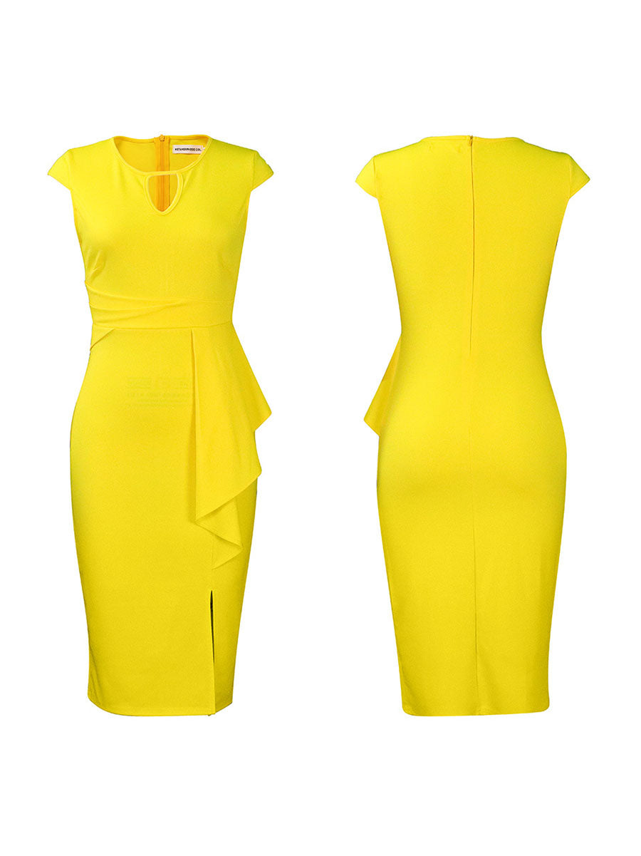 Solid Color Ruffle Hem Ruched Dress