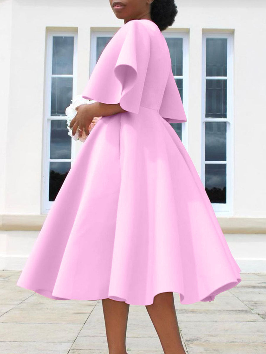 Solid Color Bell Sleeve V-Neck Flared Dress