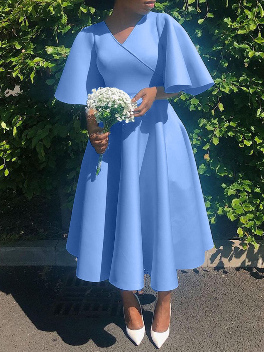 Solid Color Bell Sleeve V-Neck Flared Dress