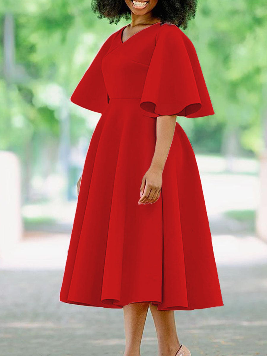 Solid Color Bell Sleeve V-Neck Flared Dress