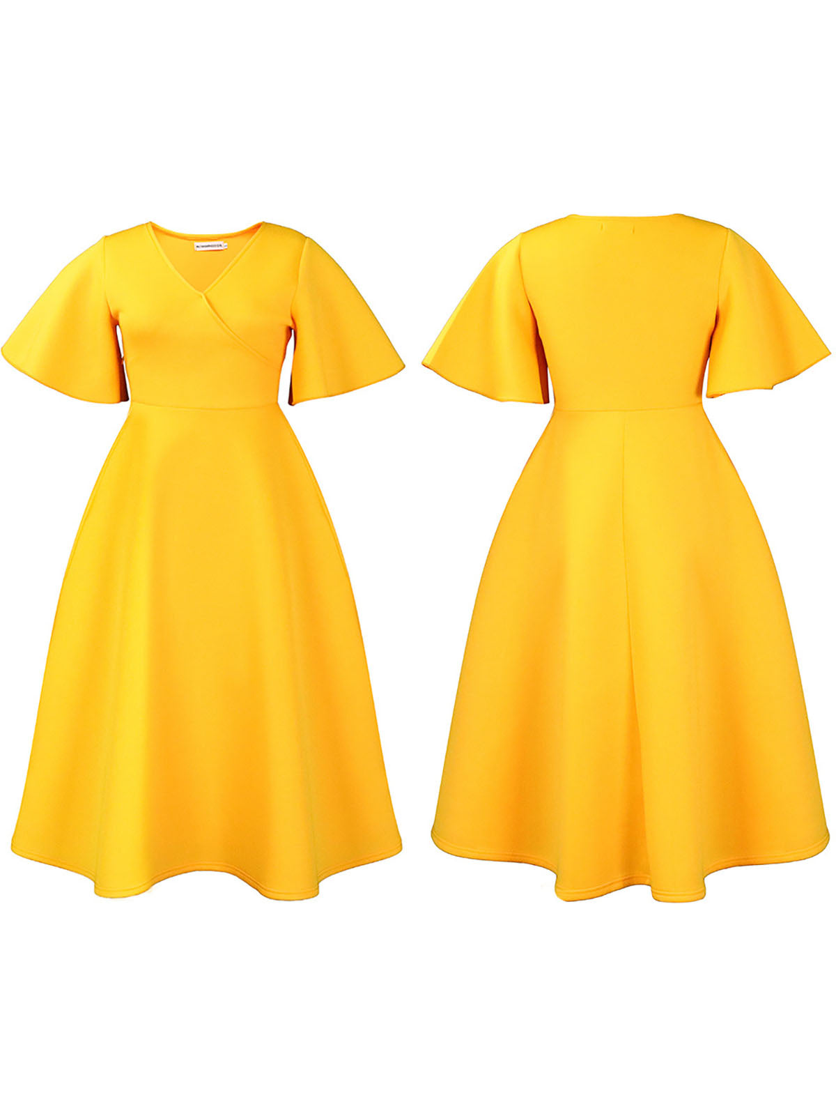 Solid Color Bell Sleeve V-Neck Flared Dress