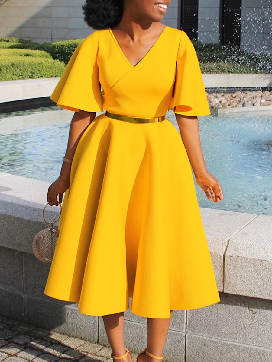 Solid Color Bell Sleeve V-Neck Flared Dress
