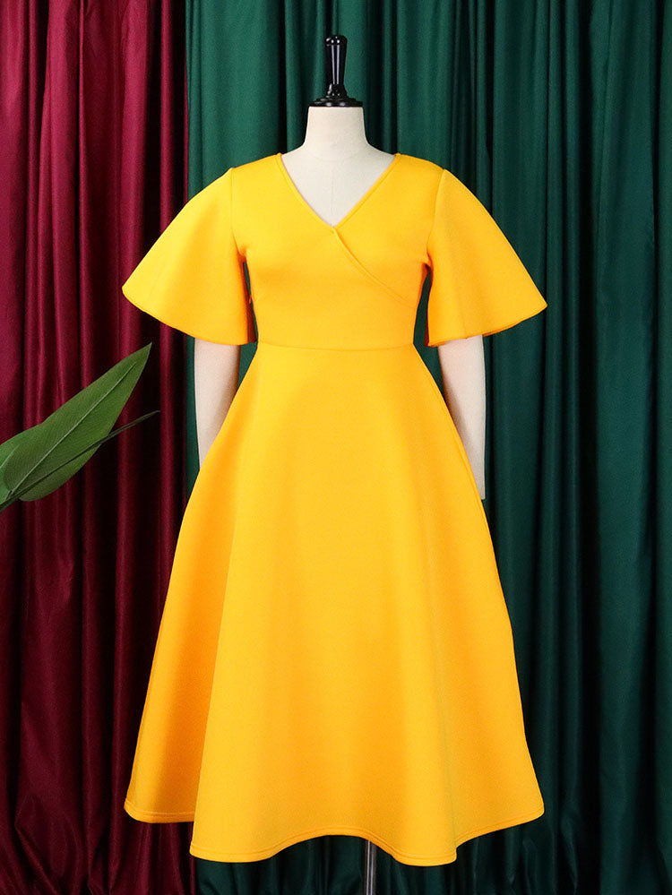 Solid Color Bell Sleeve V-Neck Flared Dress