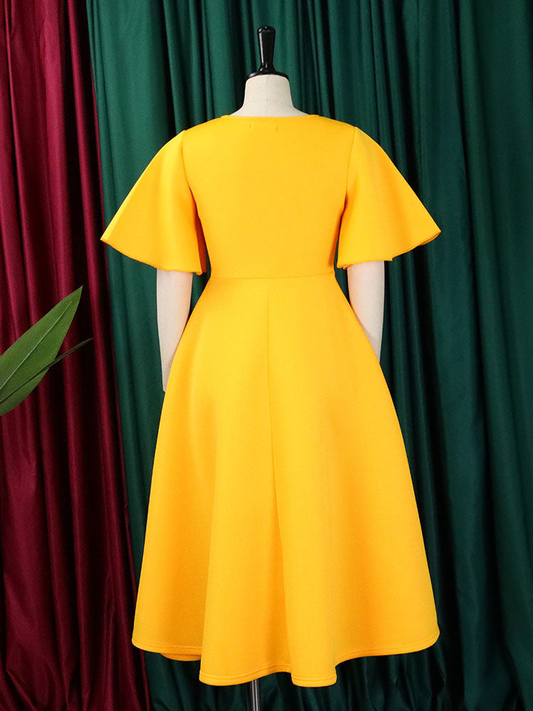 Solid Color Bell Sleeve V-Neck Flared Dress