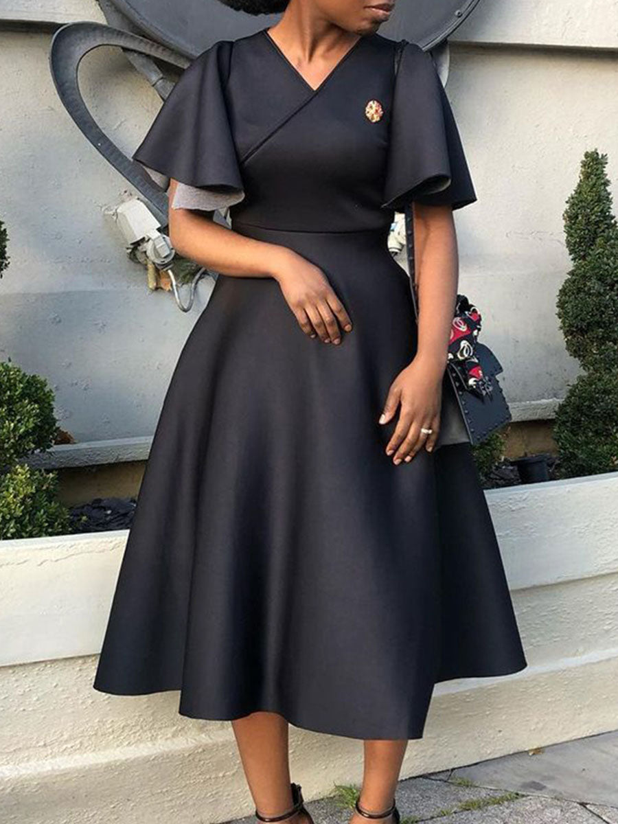 Solid Color Bell Sleeve V-Neck Flared Dress