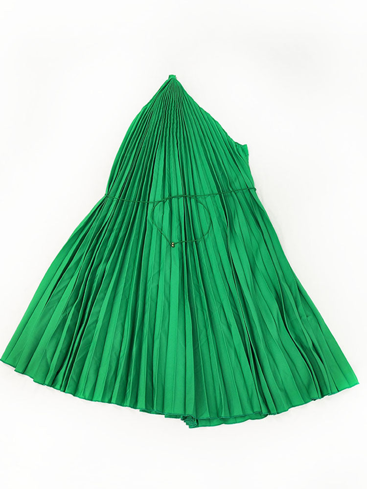 One Shoulder Pleated Swing Belted Midi Dress