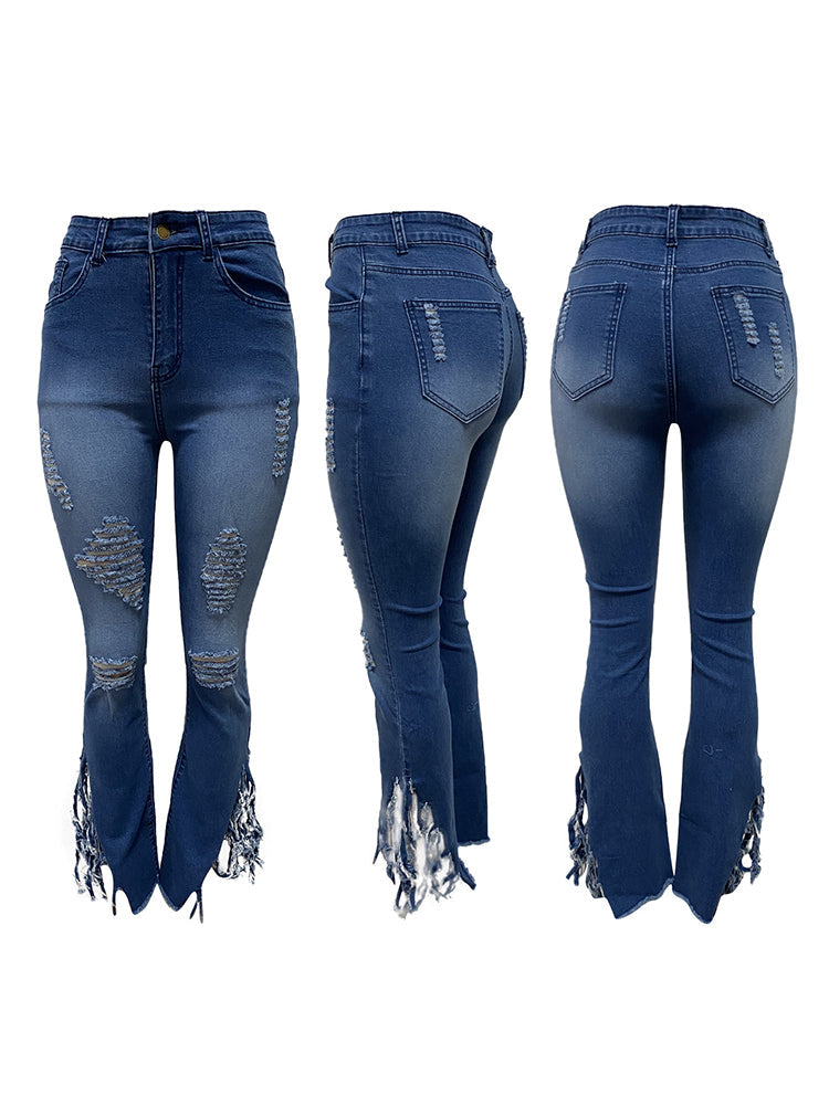 Distressed Zipper Fringe Washed Jeans