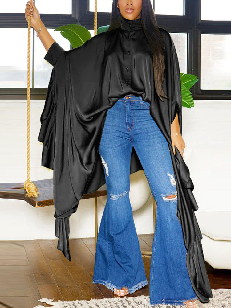 Irregular Loose Batwing Sleeve Silky Button-Up Blouse