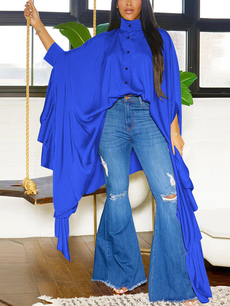 Irregular Loose Batwing Sleeve Silky Button-Up Blouse