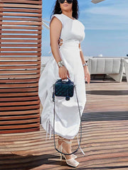 Solid Color Puff Sleeve Drawstring Waist Dress