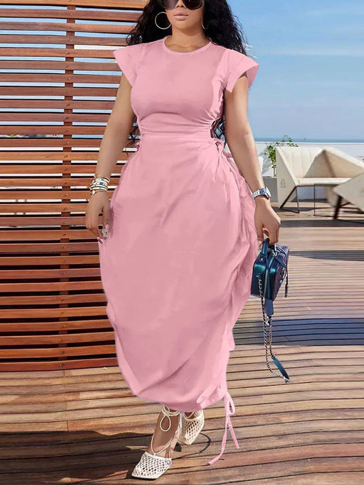 Solid Color Puff Sleeve Drawstring Waist Dress