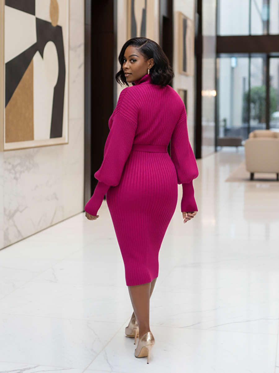 Robe midi en maille côtelée à col roulé et ceinture