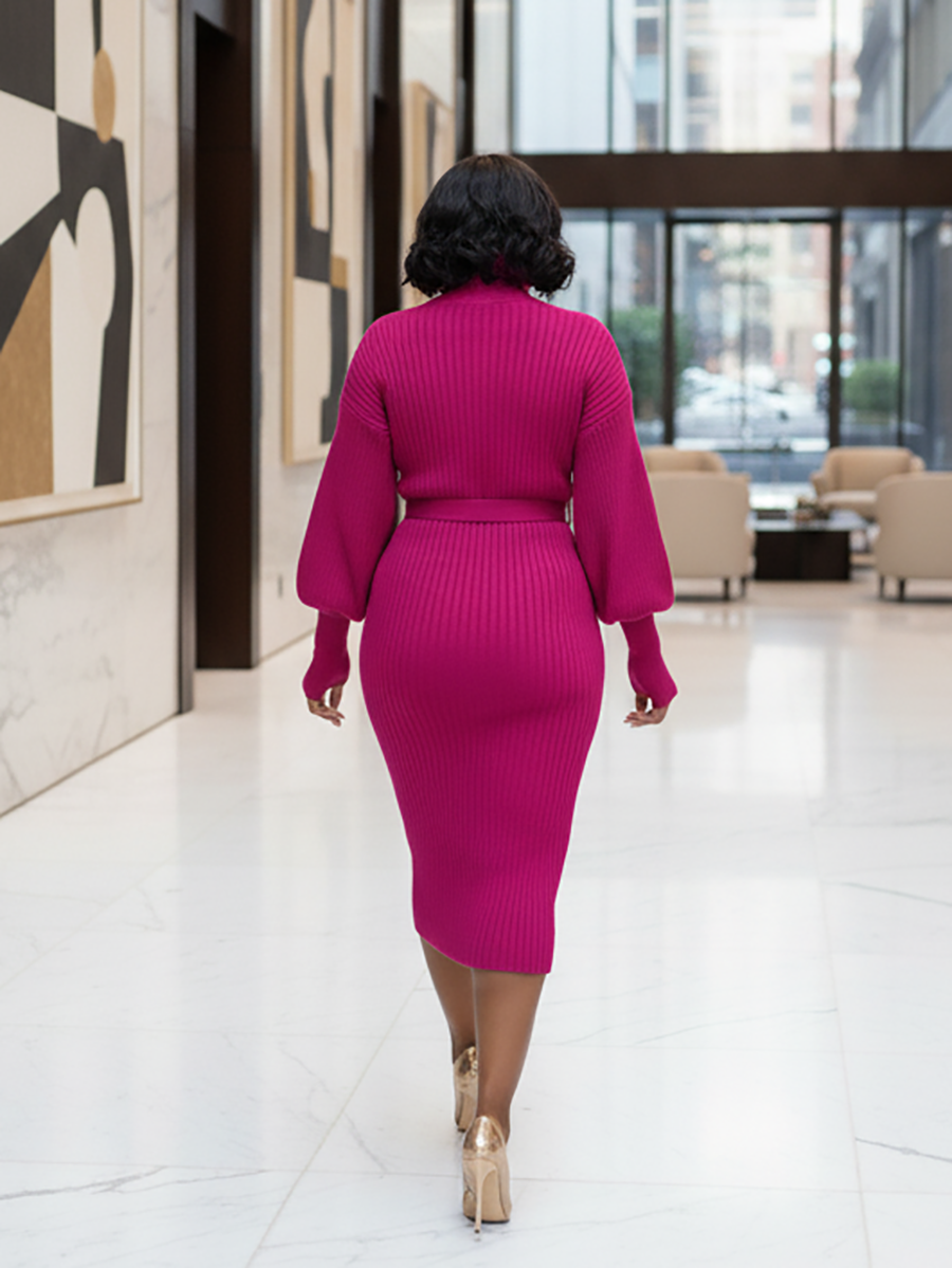 Robe midi en maille côtelée à col roulé et ceinture