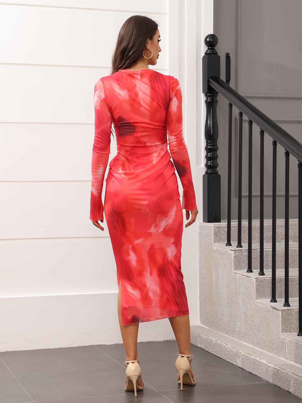 Floral Print Long Sleeve Side Split Dresses