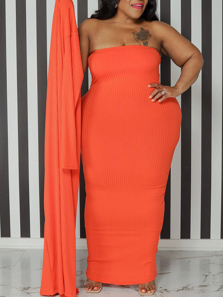 Two Piece Plus Size Solid Color Tube Dress Cardigan Set