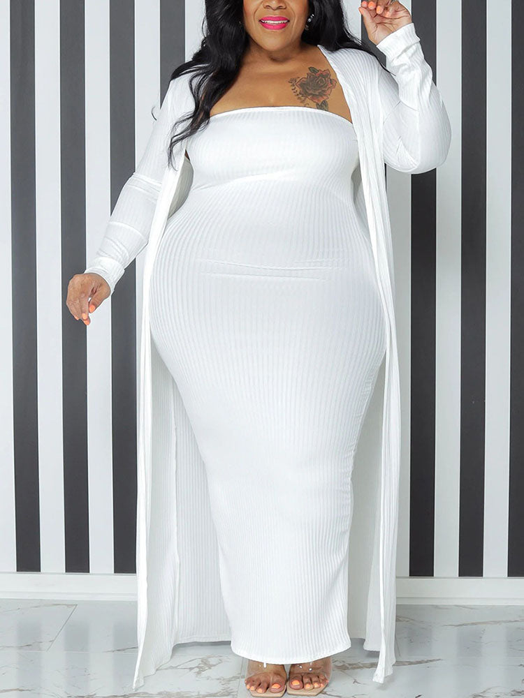 Two Piece Plus Size Solid Color Tube Dress Cardigan Set