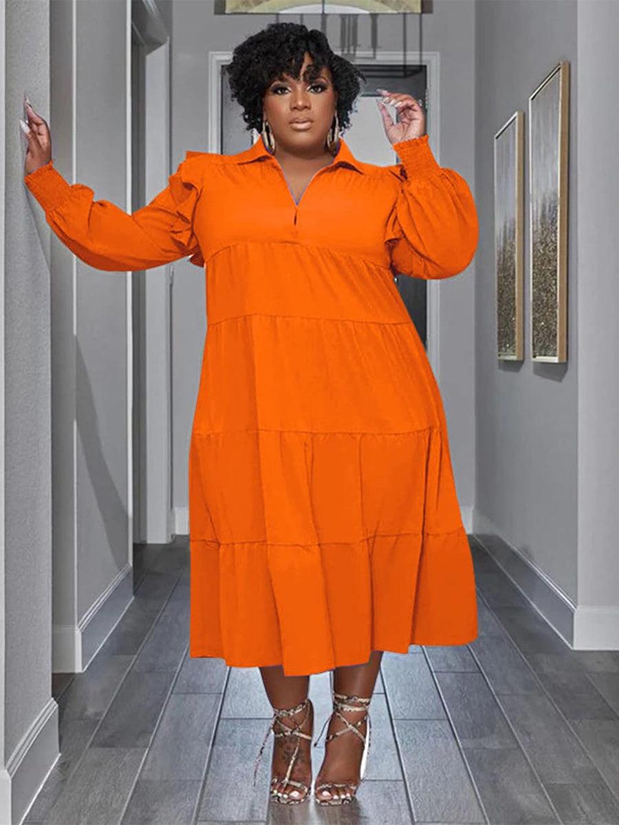 Plus Size Long Sleeve Ruffle Lapel Maxi Dress
