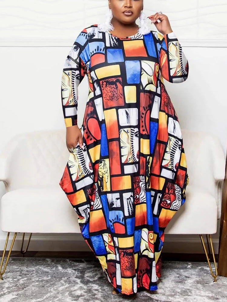 Plus Size Long Sleeve Pockets Print Dress