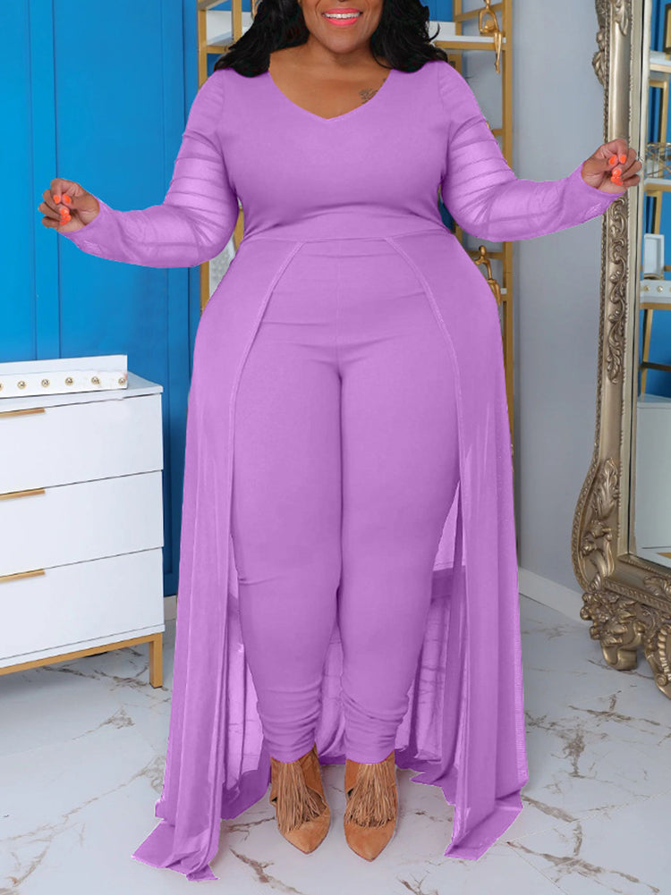 Plus Size Solid Color Patchwork Jumpsuit