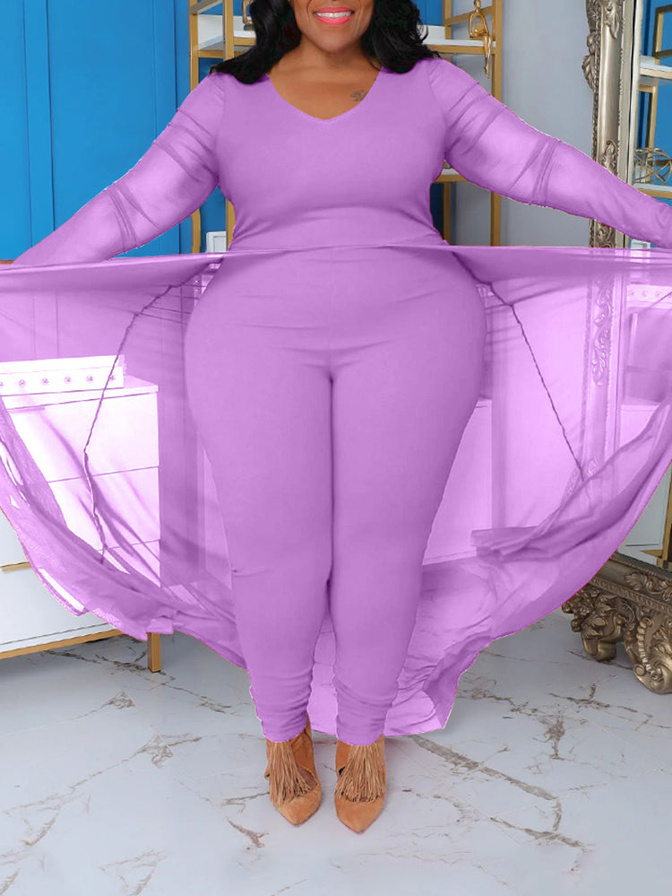 Plus Size Solid Color Patchwork Jumpsuit