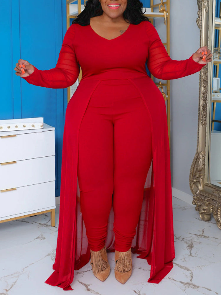 Plus Size Solid Color Patchwork Jumpsuit