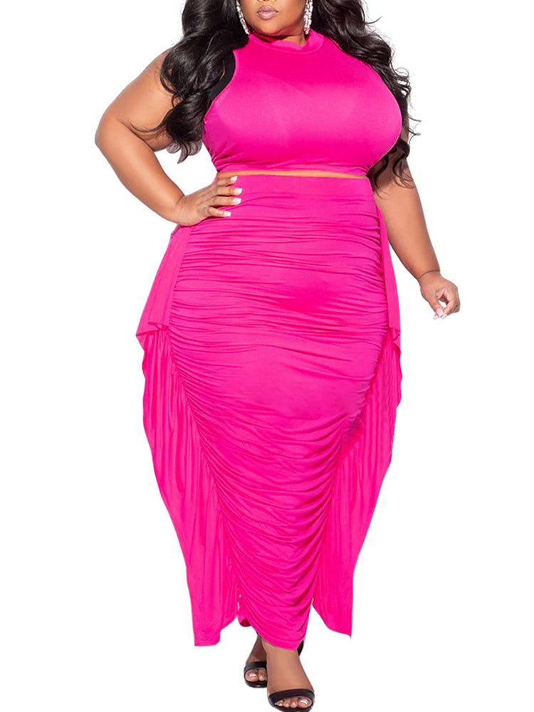 Two-Piece Plus Size Solid Color Fringe Skirt Set