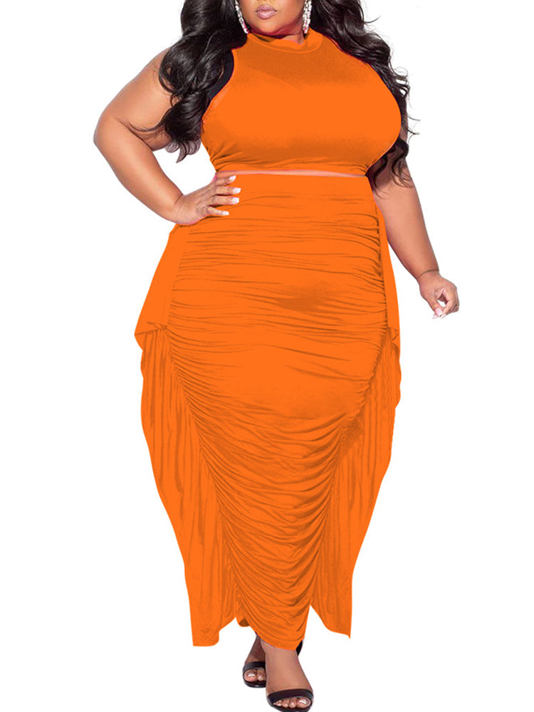 Two-Piece Plus Size Solid Color Fringe Skirt Set