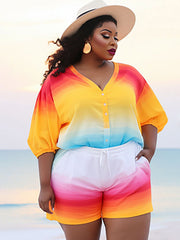 Plus Size Rainbow Gradient Color Shorts Set