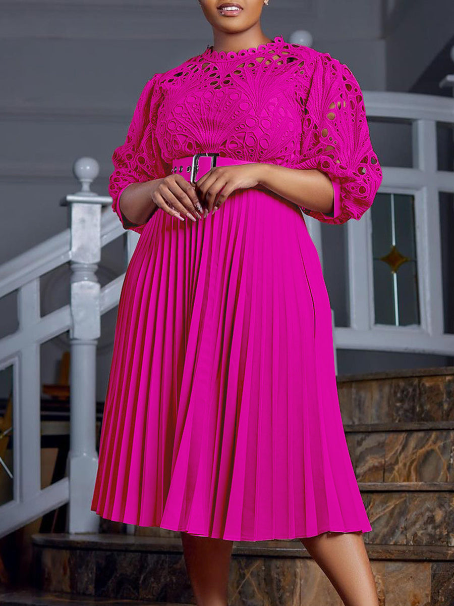 Plus Size Lace Hollow Out Pleated Dress