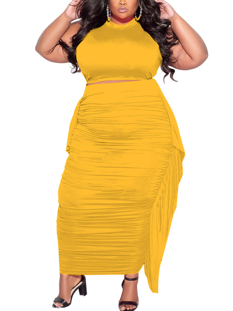 Two-Piece Plus Size Solid Color Fringe Skirt Set