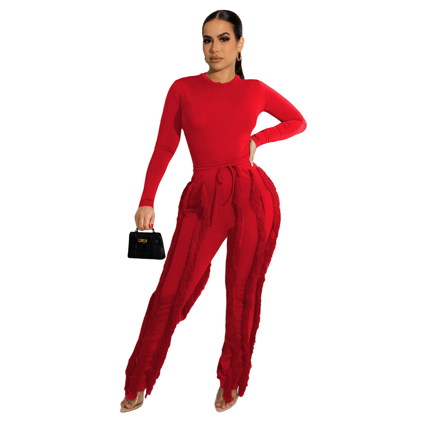Two Piece Round Neck Top Tassel Pants Set