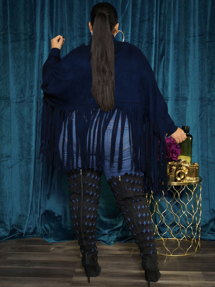 Batwing Sleeve Zipper Tassel Ponchos Top