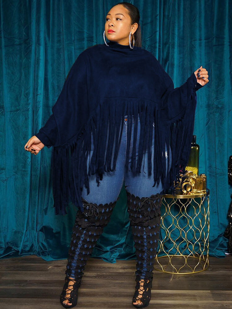 Batwing Sleeve Zipper Tassel Ponchos Top