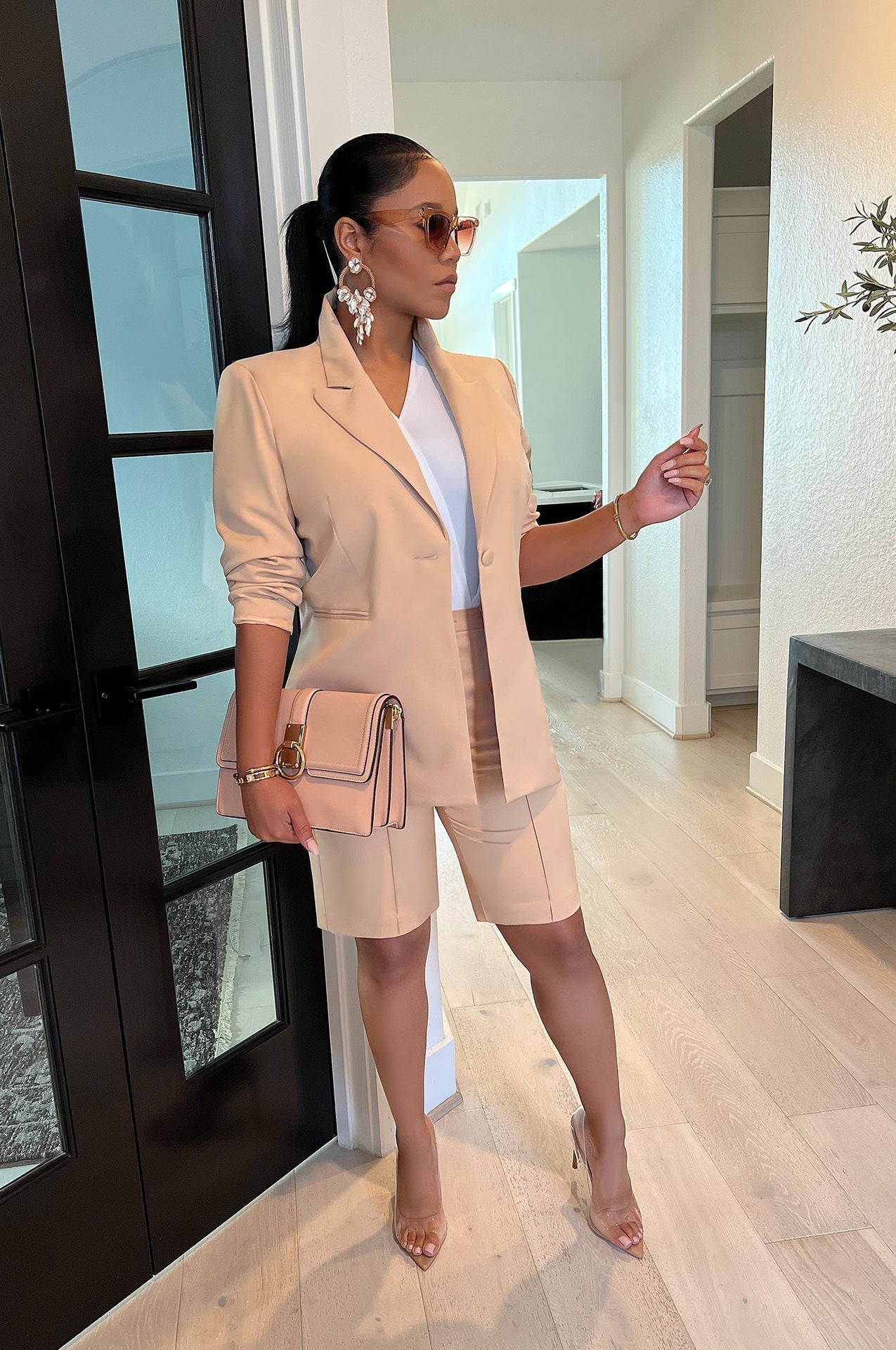 Two Piece Long Sleeve Blazer Shorts Pant Set